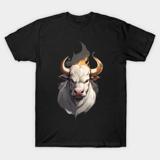 White Farm Bull Head with Horns and Fire T-Shirt